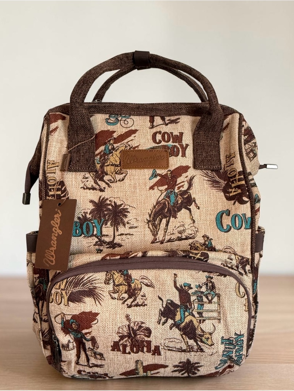 Wrangler Tan Cowboy Aloha Print Multi-Use/School/Laptop Backpack w/ Brown Trim